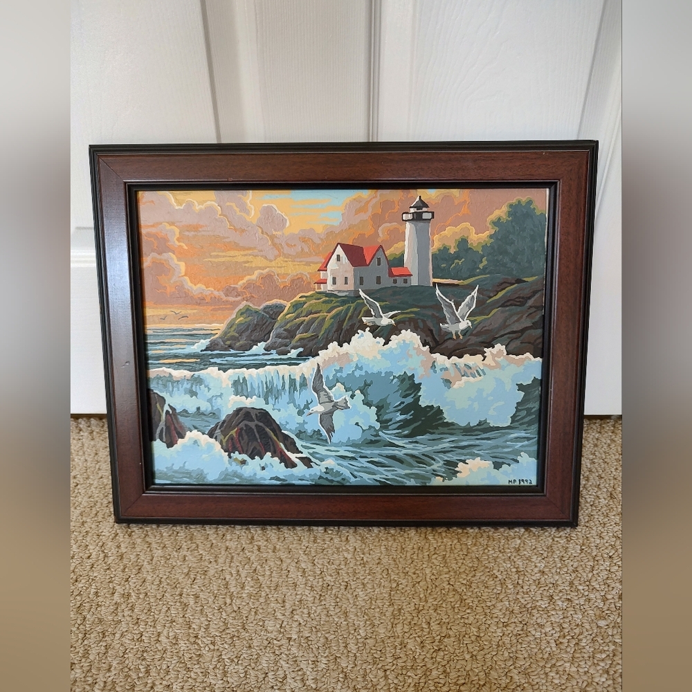 Vintage Paint By Number Framed Seascape Lighthouse Ocean View Painting